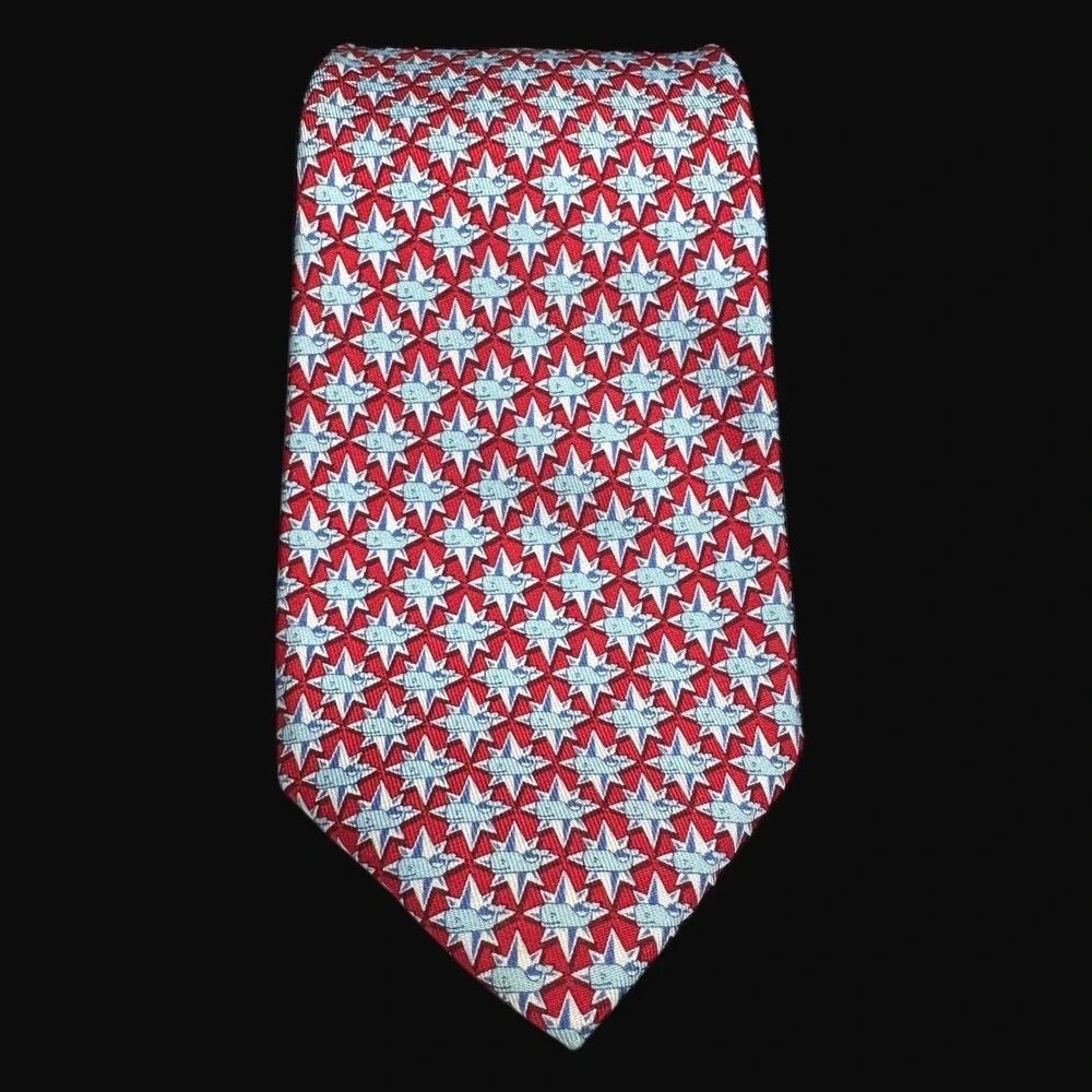 Vineyard Vines Mens Red Blue Whale Star Silk Tie Hand Picked Shep & Ian USA Made